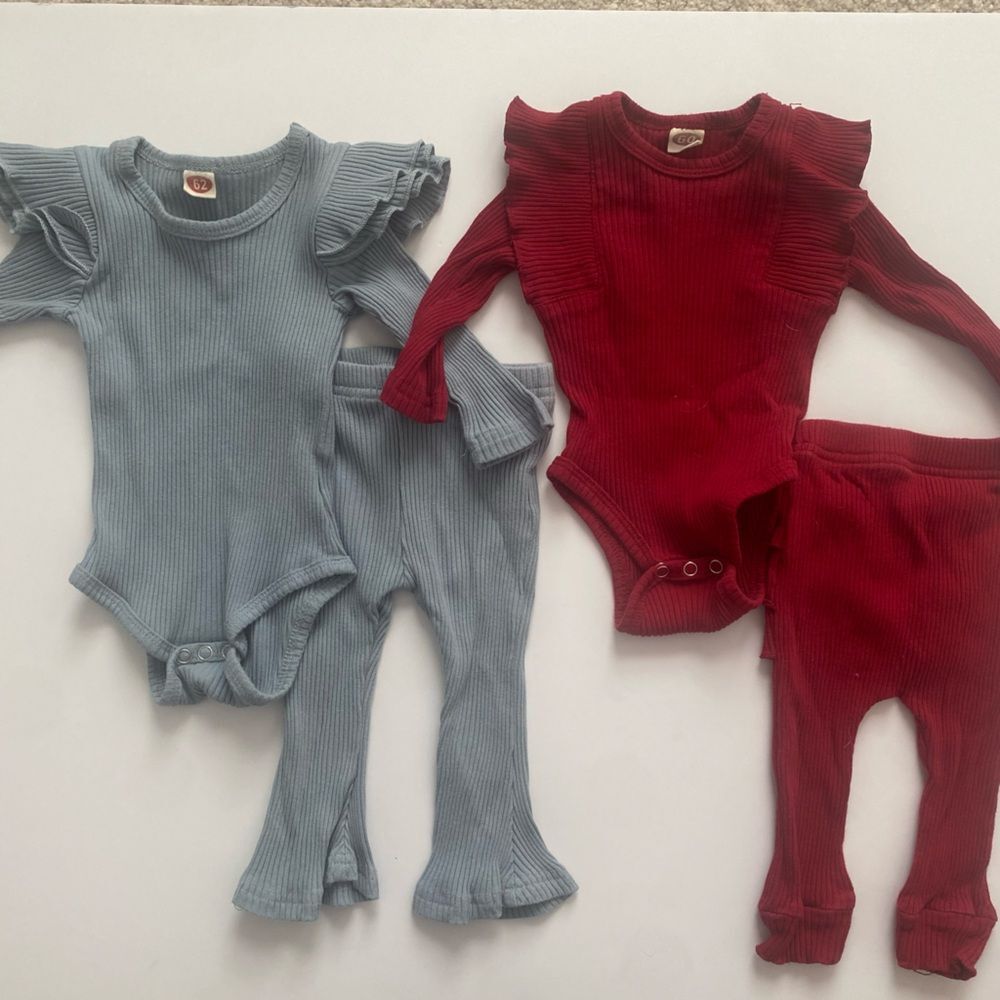 Ribbed Baby Bodysuit and Pants Set in Blue and Red Shein 3M